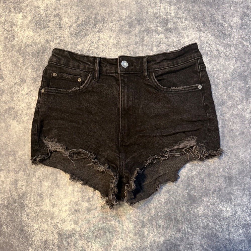 Zara Womens Black Denim Distressed Cut Off‎ Jean Shorts Size 6 High Rise Frayed